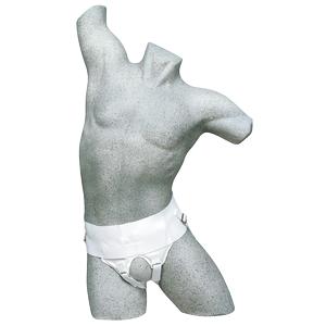 Male torso mannequin wearing a white medical support belt with ostomy pouch holder