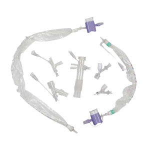 Closed suction catheter system and connectors for respiratory care on white background