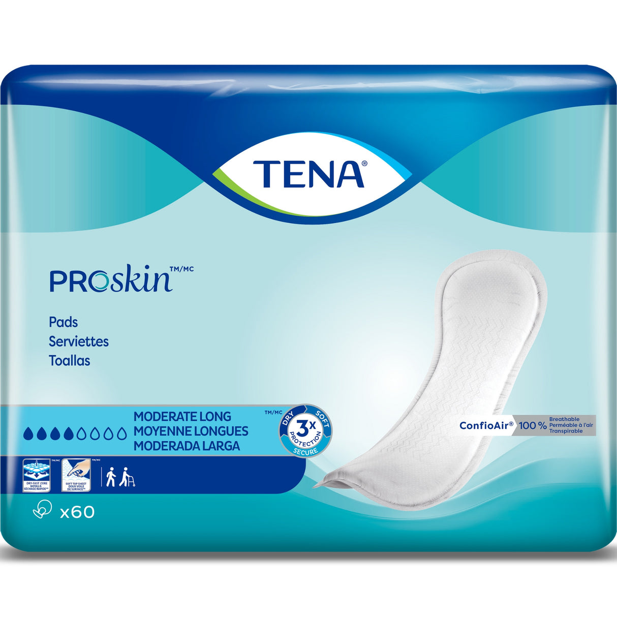 TENA ProSkin Moderate Long Absorbent Pads for Women, Long Length, 12"