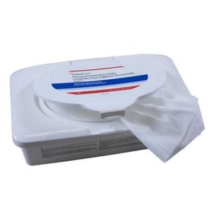 Plastic container of disposable medical wipes with open lid and white wipe exposed