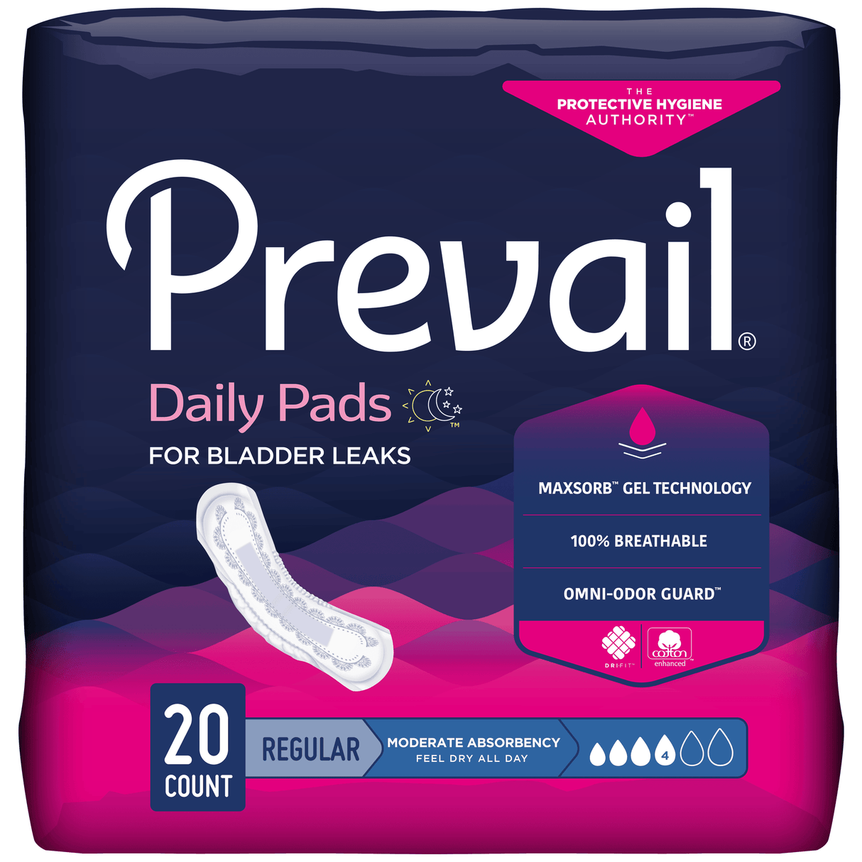 Prevail Incontinence Bladder Control Pads for Women, Moderate Absorbency, Regular Length