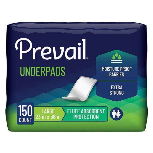 Prevail underpads large 23x36 inches, 150 count pack, moisture proof, extra strong, absorbent protection