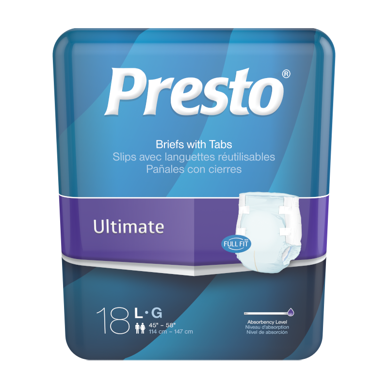 Presto Maximum Absorbency Ultimate Incontinence Brief, Large, Unisex, 45" To 58" Circumference, Blue