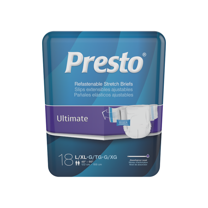Presto Ultimate Stretch Incontinence Brief, Large - Xl, 18 Pack - 48" - 66"