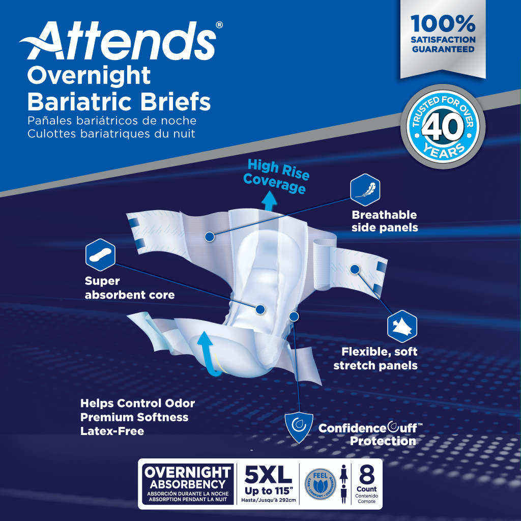 Attends Overnight Bariatric Briefs, 5XL, Up to 115"