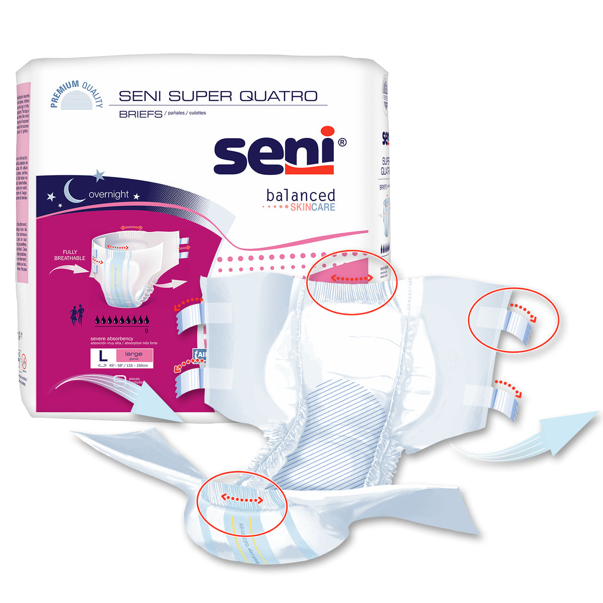 Unisex Adult Incontinence Brief Seni® Super Quatro Disposable Heavy Absorbency Large- 43"-59"