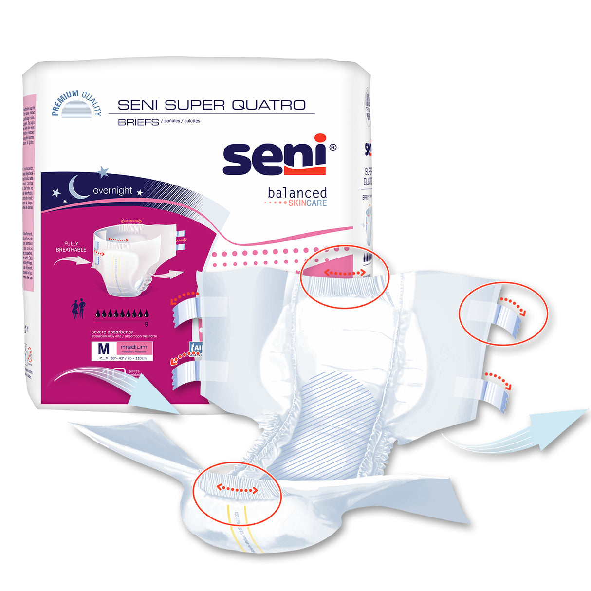 Unisex Adult Incontinence Brief Seni® Super Quatro Medium Disposable Heavy Absorbency- 30"-43"