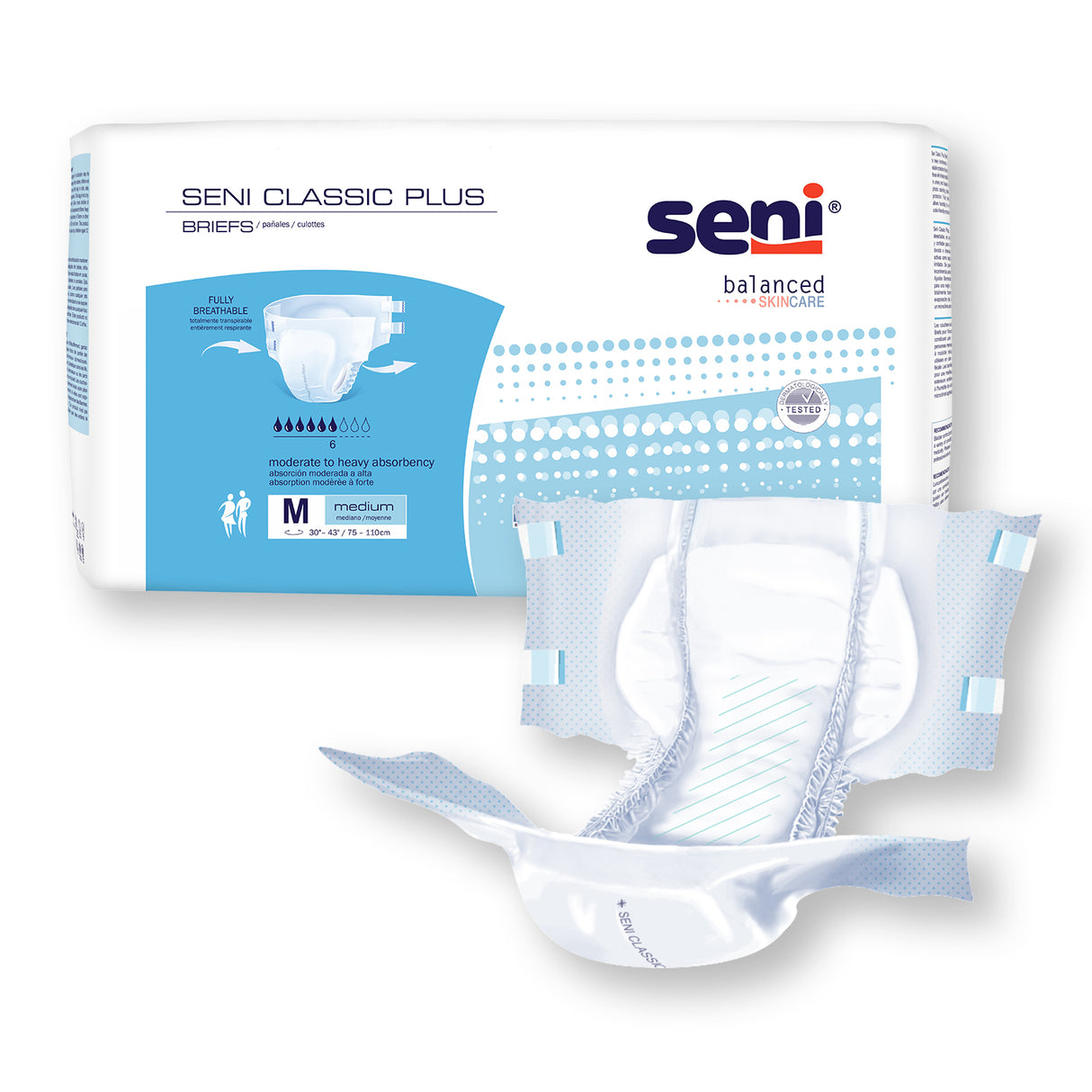 Unisex Adult Incontinence Brief Seni® Classic Plus Medium Disposable Moderate Absorbency- 30"-43"