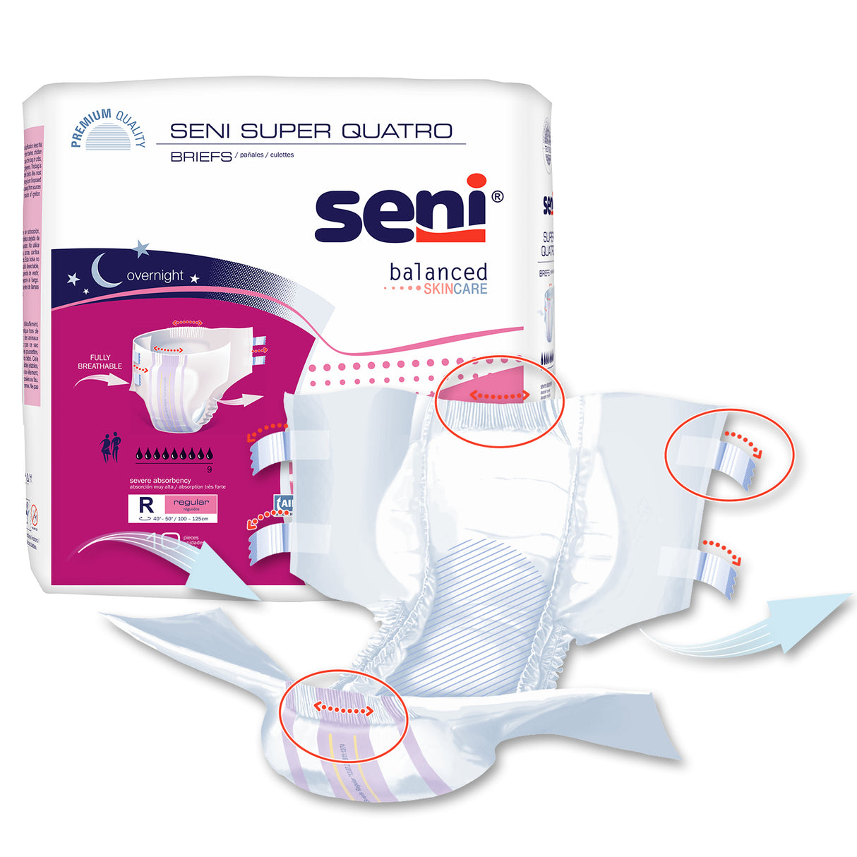 Unisex Adult Incontinence Brief Seni® Super Quatro Regular Disposable Heavy Absorbency- 40"-50"