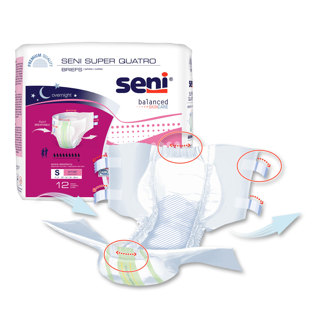 Unisex Adult Incontinence Brief Seni® Super Quatro Small Disposable Heavy Absorbency- 22"-31"