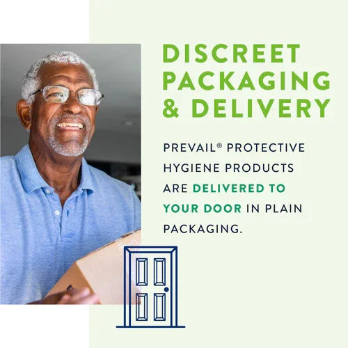 Smiling man receiving a package, text promotes discreet home delivery of hygiene products.