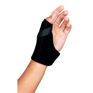 Person wearing a black thumb and wrist support brace for hand pain relief