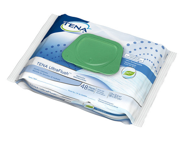 TENA UltraFlush Washcloth, Flushable Wipe, Scented, 7.9" x 12.5"