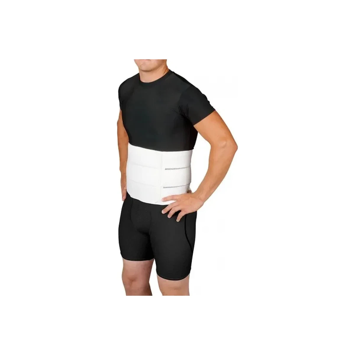 Man wearing a white abdominal binder for medical support on waist and torso