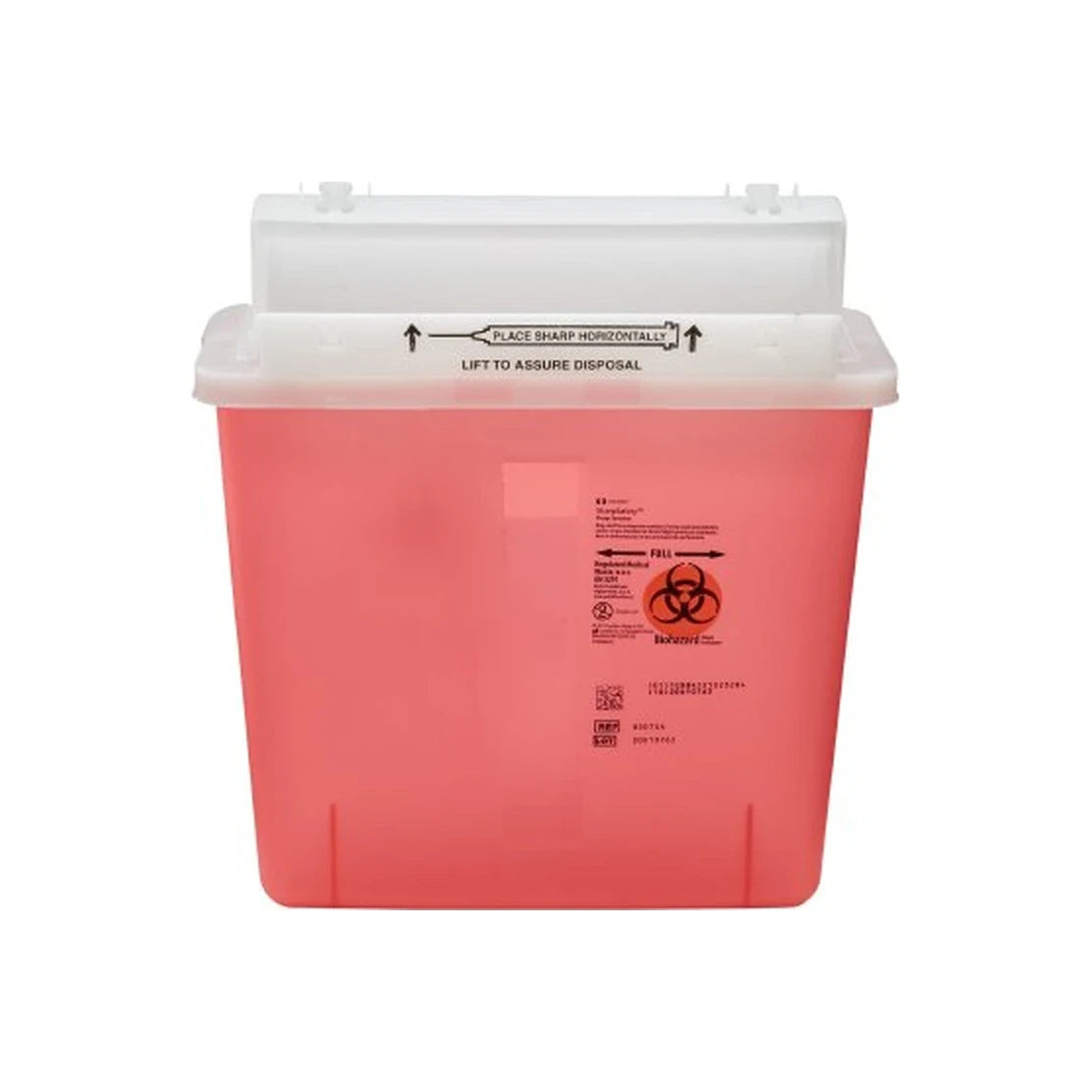 Red plastic medical sharps container with biohazard label and white hinged lid