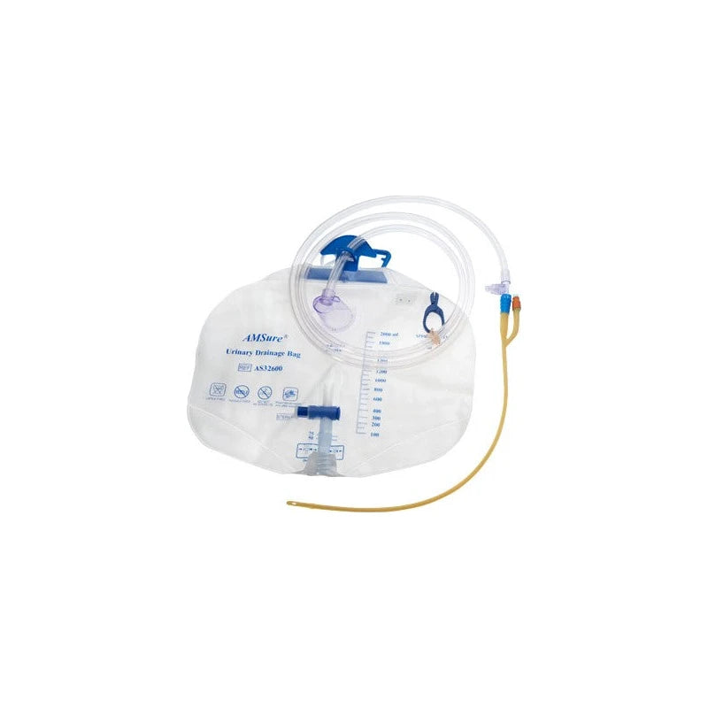 Amsure Foley Tray Bag, Preconn 100% Silicone 16fr, 05cc, 2000ml Bag, 10cc Syringe, Nitrile Gloves, Sterile