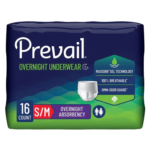 Prevail overnight underwear S/M pack, 16 count, for incontinence, with absorbency features.