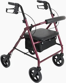 Probasics Aluminum Rollator, 6" Wheels, Burgundy, 300 Lb Weight Capacity.