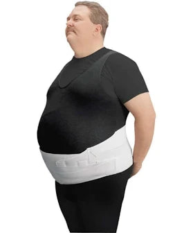 Plus-size man wearing a white abdominal support belt over black clothing for medical support