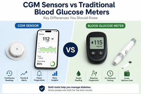 CGM sensor and smartphone compared with a traditional blood glucose meter, lancet, and test strip for diabetes monitoring.