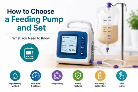 Enteral feeding pump with feeding bag and tubing, highlighting flow rate, compatibility, safety, portability, battery life, and ease of use.