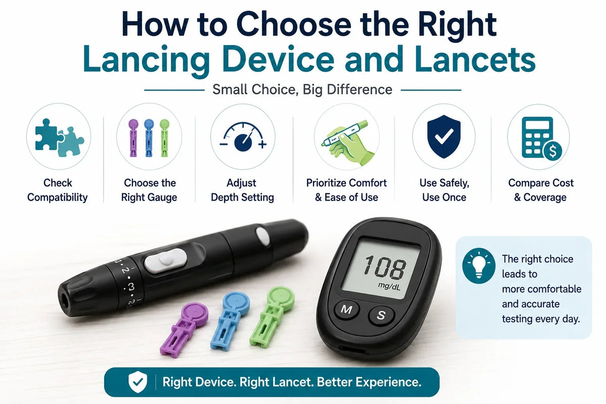 Lancing device, lancets, and blood glucose meter showing key factors for comfortable and safe blood sugar testing.