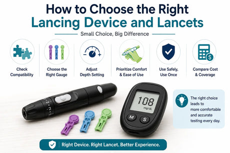 Lancing device, lancets, and blood glucose meter showing key factors for comfortable and safe blood sugar testing.