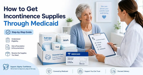 Older woman discussing Medicaid-covered incontinence supplies with a healthcare provider, including adult briefs, pull-ups, pads, underpads, and prescription documentation.