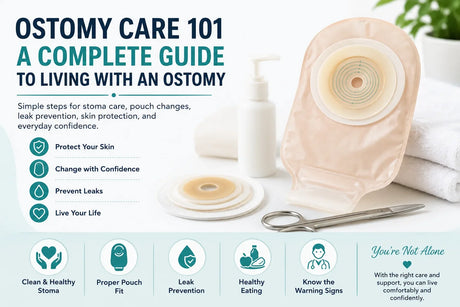 Ostomy pouch, skin barrier, and care supplies arranged for stoma cleaning, pouch changes, skin protection, and leak prevention.