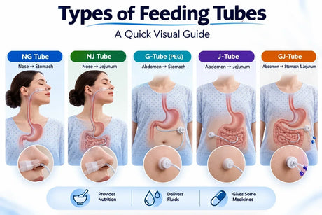 Illustration comparing NG, NJ, G, J, and GJ feeding tubes and showing where each tube enters and delivers nutrition in the digestive system.