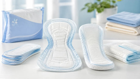 Different types and sizes of incontinence pads arranged on a clean table for bladder leak protection.