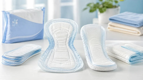 Different types and sizes of incontinence pads arranged on a clean table for bladder leak protection.