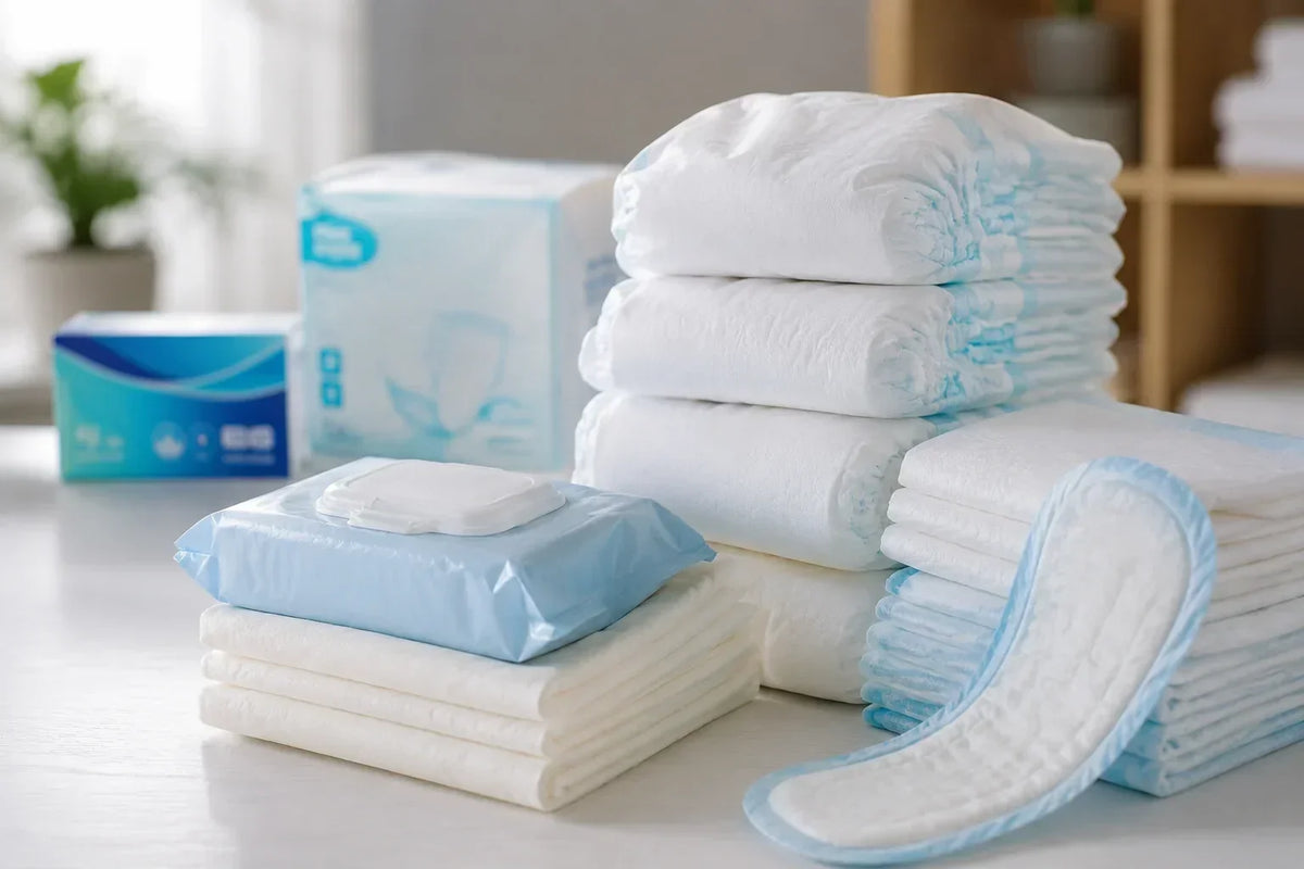 Incontinence products including adult briefs, absorbent pads, underpads, and wipes arranged on a table.
