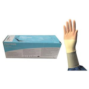 Box of Protexis PI latex-free surgical gloves with gloved hand raised, medical supplies.