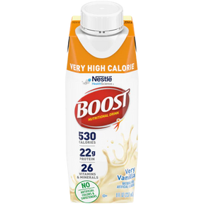 Boost Very High Calorie vanilla nutritional drink carton, 530 calories, 22g protein, 8 fl oz