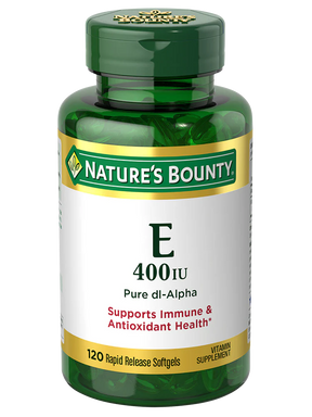 Vitamin E 400 IU supplement bottle, 120 rapid release softgels for immune and antioxidant health