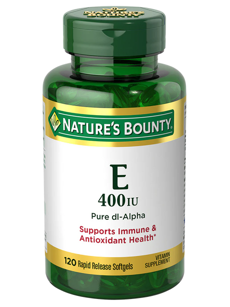 Vitamin E 400 IU supplement bottle, 120 rapid release softgels for immune and antioxidant health