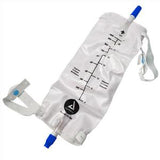 Leg urinary drainage bag with measurement markings and blue capped tubing for medical use