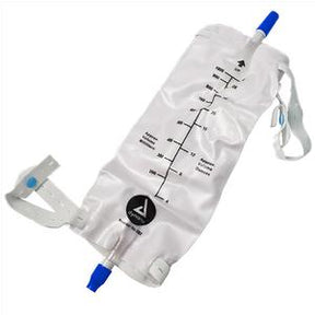 Leg urinary drainage bag with measurement markings and blue capped tubing for medical use