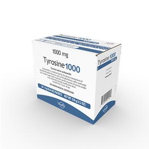 Box of Tyrosine 1000mg dietary supplement powder packets, white and blue packaging