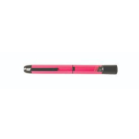 Pink medical injection pen with black cap on white background
