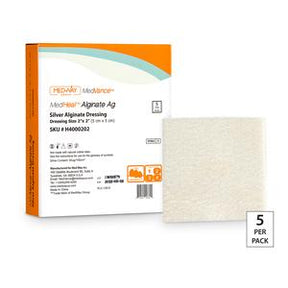 Silver alginate wound dressing sterile pads, 2x2 inch, pack of 5, medical supplies.