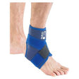 Blue neoprene ankle support brace worn on left foot for injury and pain relief