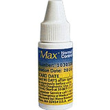 Small bottle of Max normal control solution with blue and yellow label for medical use