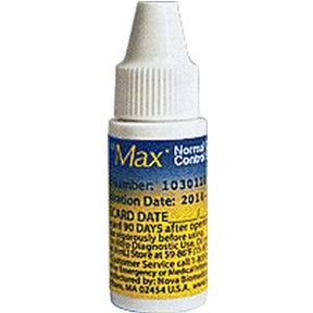 Small bottle of Max normal control solution with blue and yellow label for medical use