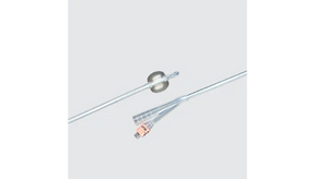 Sterile silicone Foley catheter with clear tubing and color-coded connector on plain background
