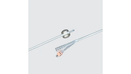Sterile silicone Foley catheter with clear tubing and color-coded connector on plain background