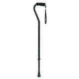 Black adjustable walking cane with ergonomic handle and wrist strap for mobility support