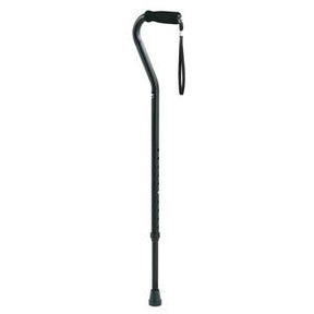 Black adjustable walking cane with ergonomic handle and wrist strap for mobility support