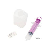 Medical syringe with purple plunger, container, and label for home medical supply use